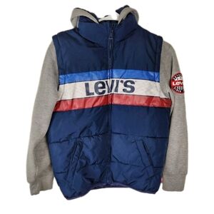 Levis Boys Medium 10-12 Puffer Vest Jacket Hooded Knit Long Sleeve Gray Blue